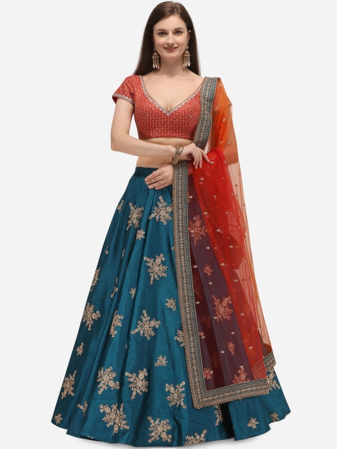 

NAKKASHI Blue & Orange Embroidered Semi-Stitched Lehenga & Unstitched Blouse with Dupatta
