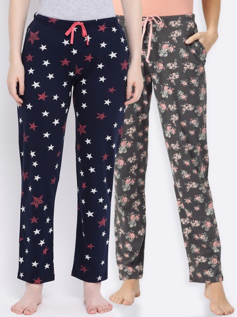 

Kanvin Women Pack Of 2 Charcoal Grey & Navy Blue Printed Lounge Pants