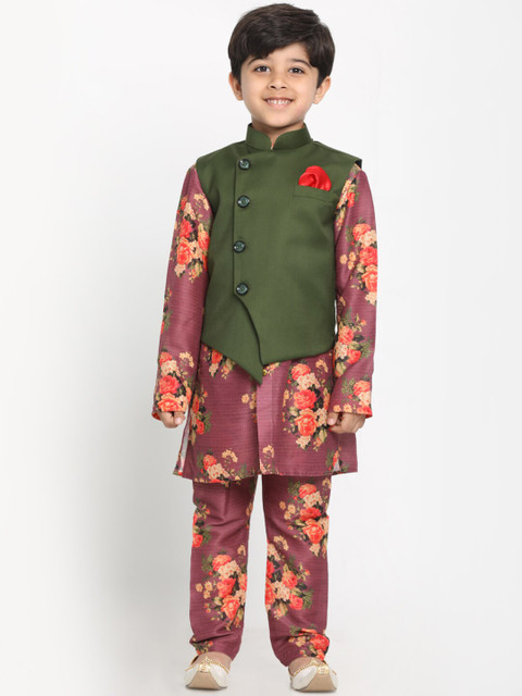 

JBN Creation Boys Purple & Green Floral Printed Regular Straight Kurta with Pyjamas
