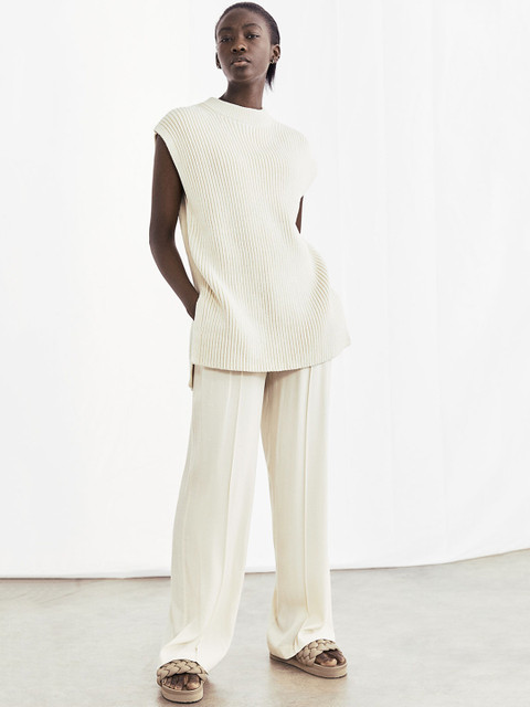 

H&M Women White Solid Tailored Lyocell-Mix Trousers