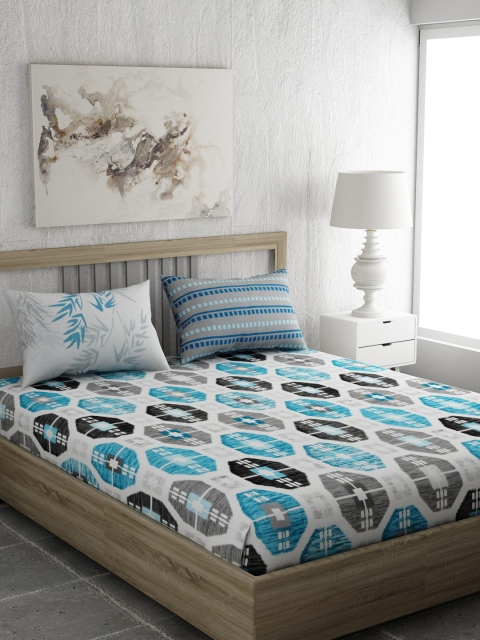 

EverHOME White & Sea Green Geometric 210 TC Cotton 1 Queen Bedsheet with 2 Pillow Covers