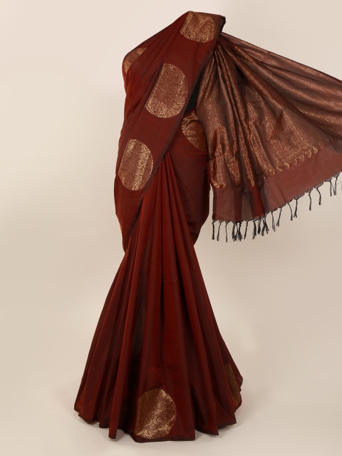 

Pothys Maroon & Gold-Toned Silk Cotton Solid Kanjeevaram Saree