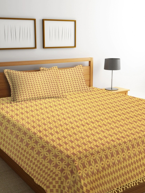 

NEUDIS Yellow & Brown Woven-Design Jacquard Double Bed Cover With 2 Pillow Covers