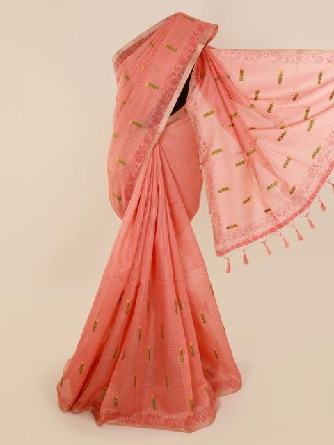 

Pothys Peach-Coloured Cotton Blend Embroidered Chanderi Saree
