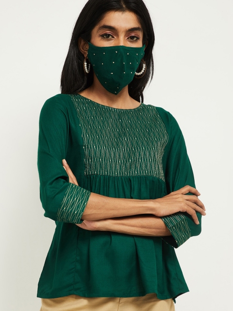 

Max Women Green Gold-Coloured Pleated A-Line Top