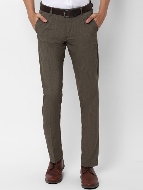 

Allen Solly Men Olive Green & Black Slim Fit Checked Formal Trousers