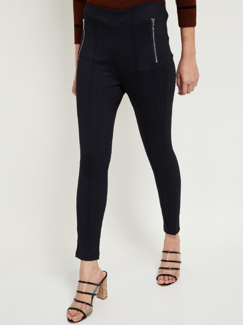 

max Women Navy Blue Solid Treggings