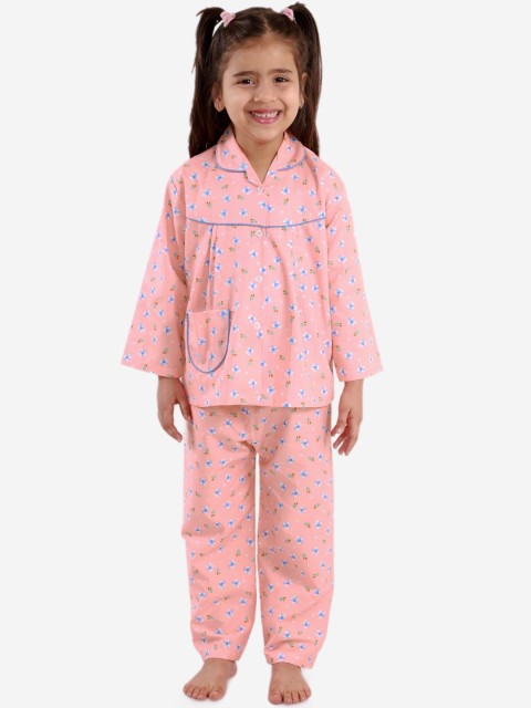 

KID1 Girls Peach-Coloured & Blue Floral Printed Night suit