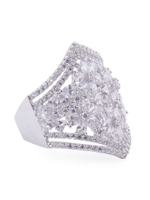 

shaze Silver-Toned & White CZ-Studded Statement Flower Bouquet Finger Ring