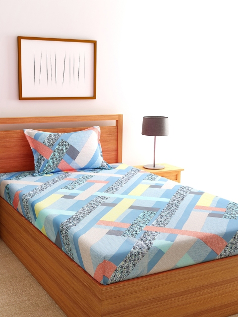

Florida Blue & Peach-Coloured Geometric 144 TC Polycotton 1 Single Bedsheet with 1 Pillow Covers