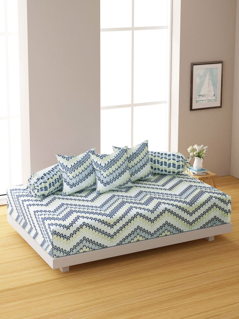 

SWAYAM Set Of 6 Off-White & Blue Geomteric 144 TC Bedsheet With Bolster & Cushion Covers