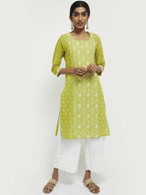 

Max Women Lime Green & Off White Embroidered Kurta