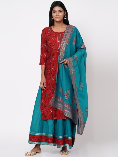 

FASHOR Women Maroon Embroidered Kurta with Skirt & Dupatta