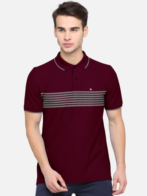 

BULLMER Men Maroon Striped Cotton Polo Collar T-shirt