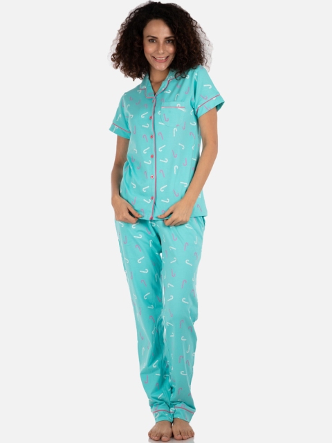

Nite Flite Women Turquoise Blue & Pink Printed Night suit