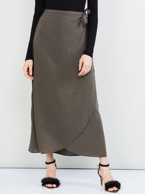 

max Women Olive Green Self-Design Wrap Maxi Skirt