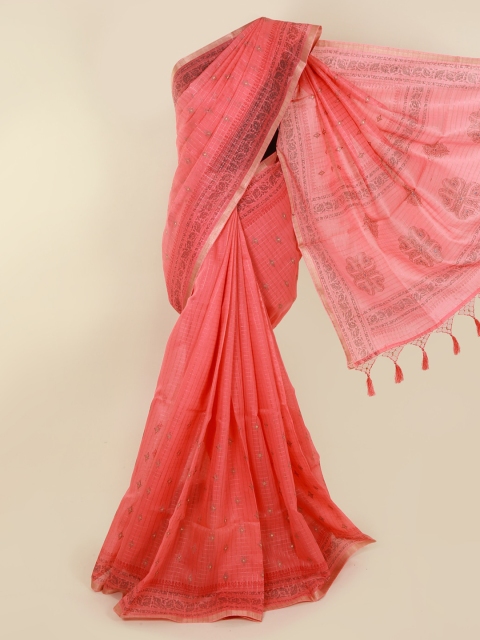 

Pothys Pink Cotton Blend Checked Chanderi Saree