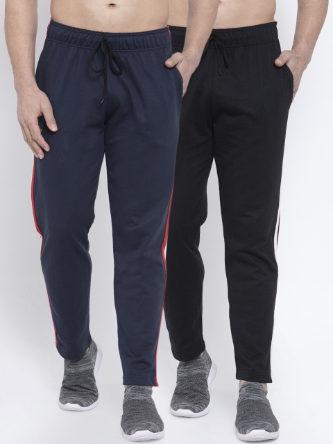 

NEUDIS Men Pack of 2 Pure Cotton Solid Track Pants with Side Stripes, Navy blue