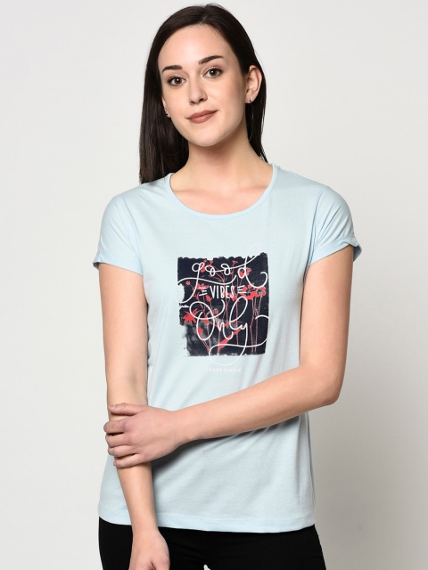 

FABNEST Women Blue Printed Round Neck T-shirt