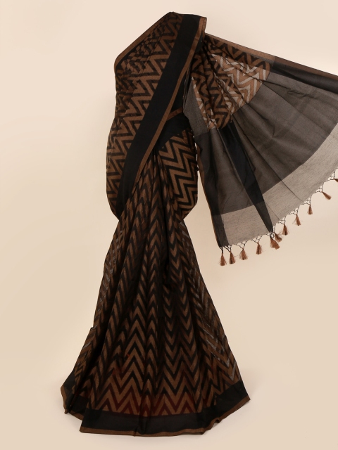

Pothys Black & Brown Cotton Blend Printed Saree