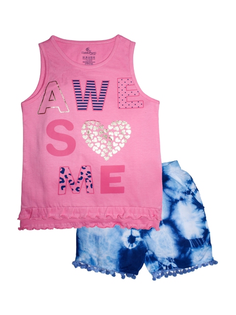 KiddoPanti Girls Pink & Blue Printed T-shirt with Shorts