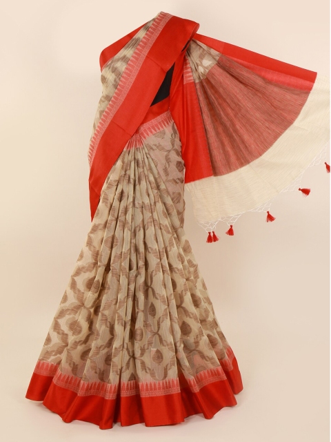 

Pothys Cream-Coloured & Orange Cotton Blend Woven Design Saree