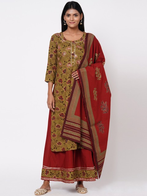 

FASHOR Women Green Printed Kurta with Skirt & Dupatta