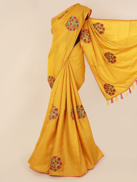 

Pothys Mustard Embroidered Art Silk Saree With Tasseled Pallu
