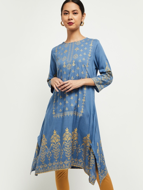 Max Women Blue & Gold-Coloured Foil Print Kurta