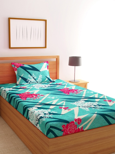 

Florida Turquoise Blue & Pink Floral 144 TC Polycotton 1 Single Bedsheet with 1 Pillow Covers