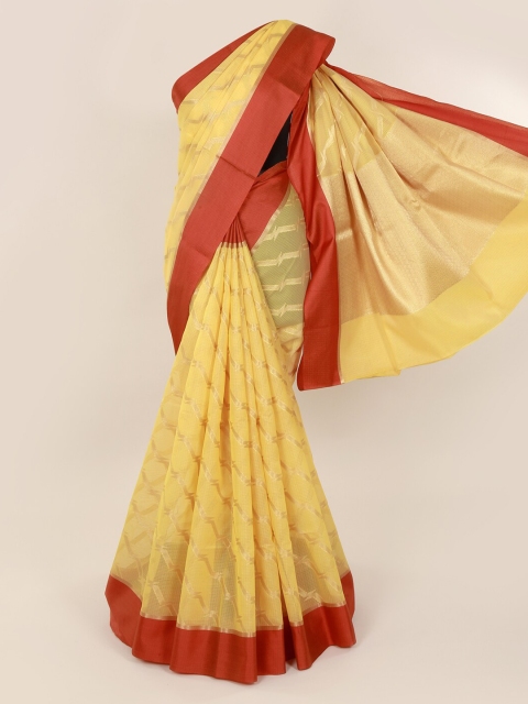 

Pothys Yellow & Maroon Cotton Blend Woven Design Saree