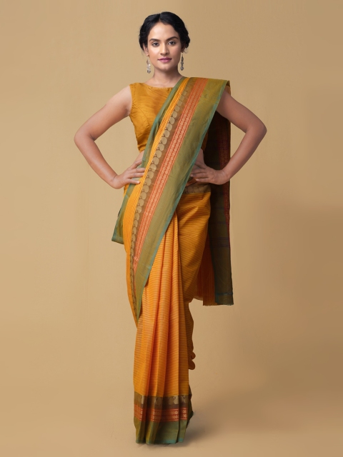 

Unnati Silks Yellow Pure Cotton Striped Kanjeevaram Saree