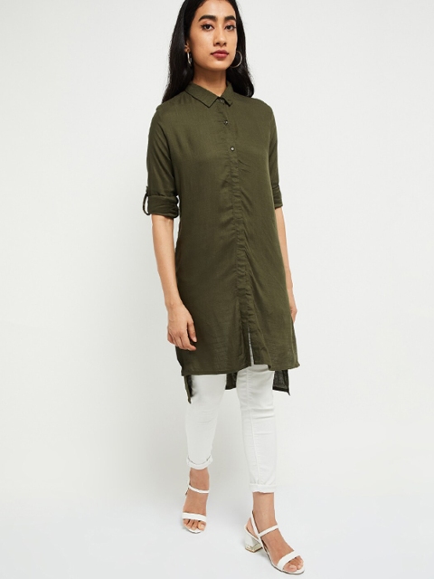 

Max Women Olive Green Solid High Low Tunic