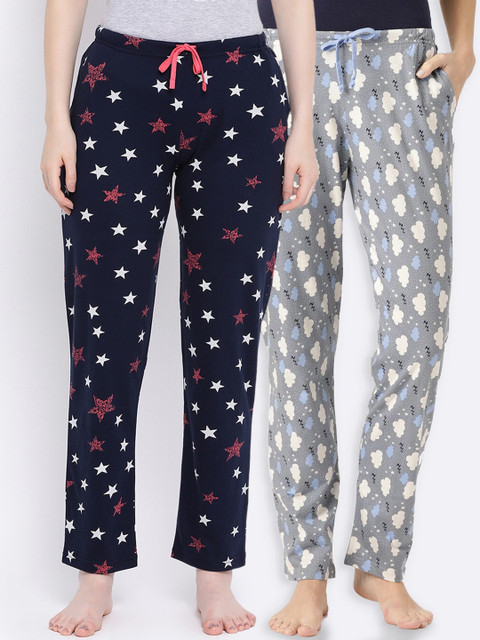 

Kanvin Women Pack Of 2 Printed Lounge Pants PJ1036+PJ1076, Navy blue
