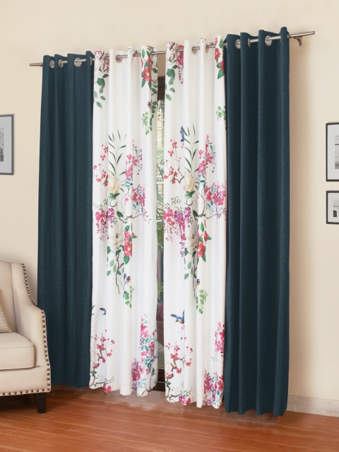 

ROSARA HOME Teal Blue & White Set of 4 Long Door Curtains