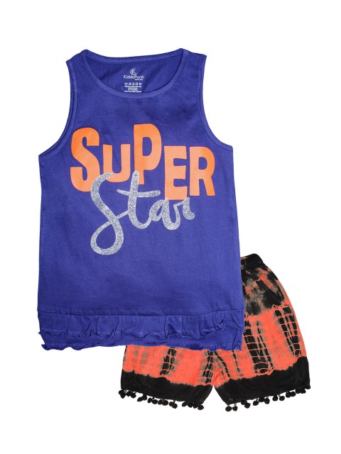 

KiddoPanti Girls Blue & Peach-Coloured Printed T-shirt with Shorts