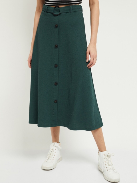 

max Women Green Solid A-Line Midi Skirt