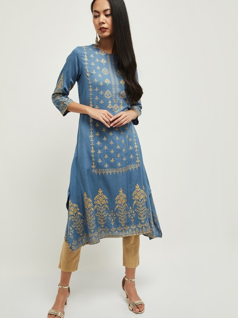 

max Women Blue & Gold-Coloured Foil Print Kurta