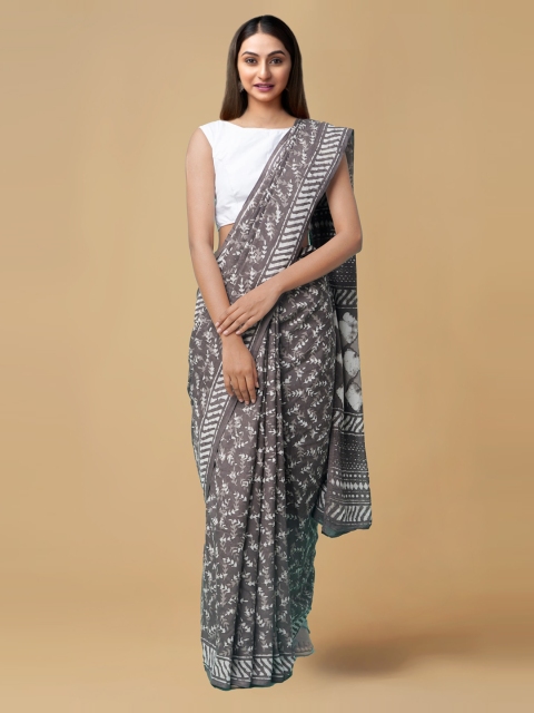 

Unnati Silks Taupe Pure Cotton Printed Kovai Handloom Saree
