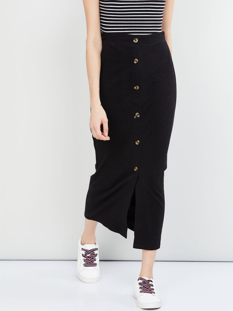 

max Women Black Ribbed Straight Midi Skirt
