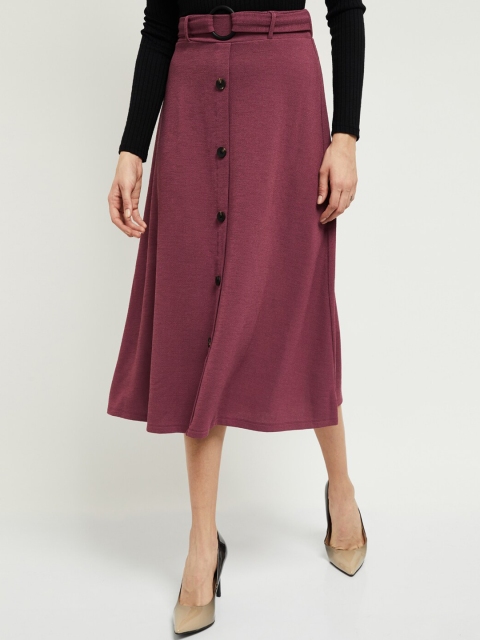 max Women Burgundy Solid A-Line Midi Skirt