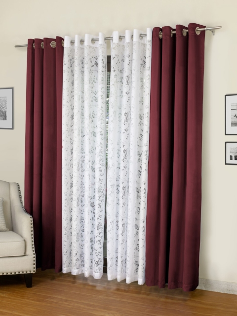 ROSARA HOME Maroon & White Set of 4 Long Door Curtains