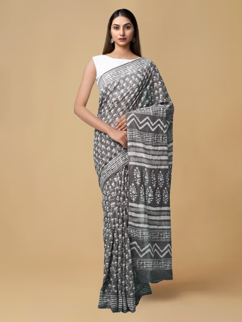 

Unnati Silks Grey & White Pure Cotton Printed Kovai Handloom Saree