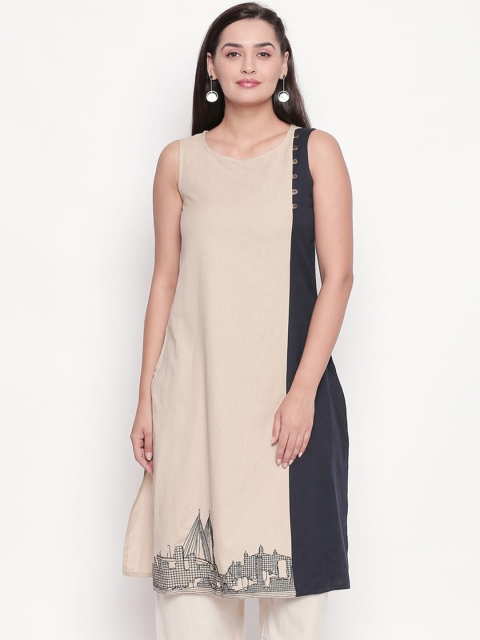 

Rangmanch by pantaloons Women Beige & Blue Colourblocked Straight Kurta