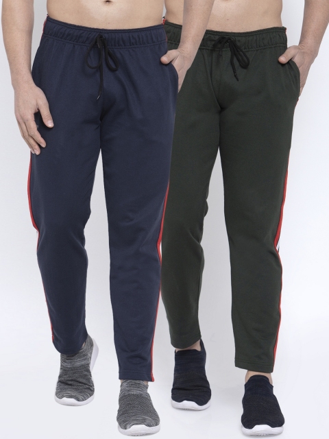 

NEUDIS Men Pack of 2 Pure Cotton Solid Track Pants with Side Stripes, Navy blue