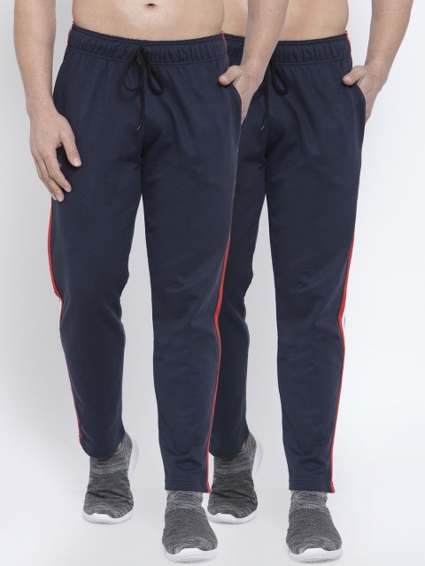 

NEUDIS Men Pack of 2 Pure Cotton Solid Track Pants with Side Stripes, Navy blue
