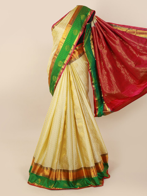 

Pothys Cream-Coloured Pure Silk Solid Kanjeevaram Saree