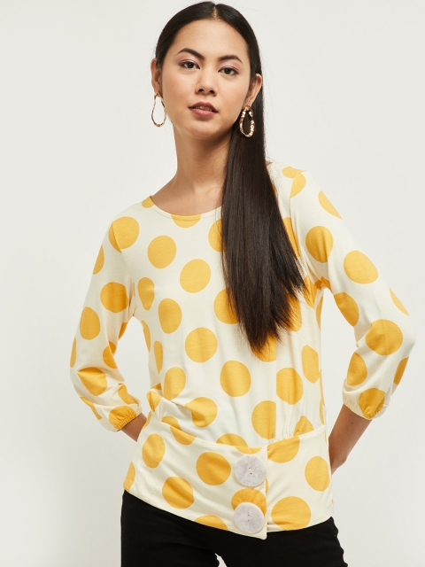 

Max Women Cream-Coloured & Yellow Polka Dot Printed Regular Top