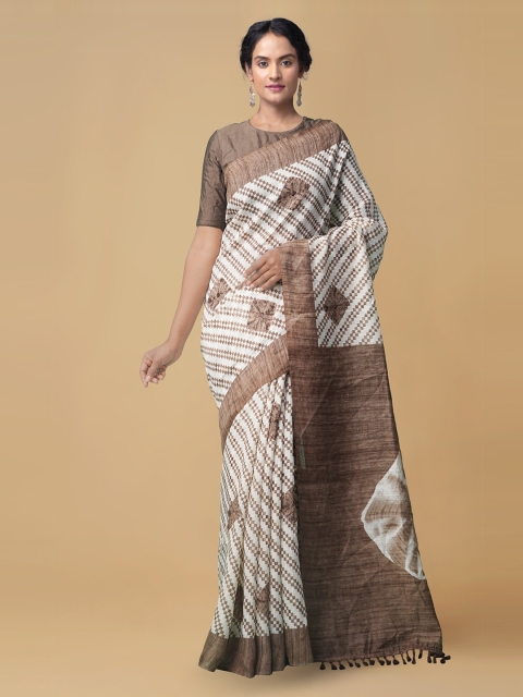 

Unnati Silks Cream-Coloured & Bronze-Toned Linen Blend Printed Jamdani Saree