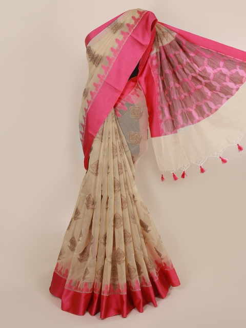 

Pothys Cream-Coloured & Pink Cotton Blend Woven Design Saree